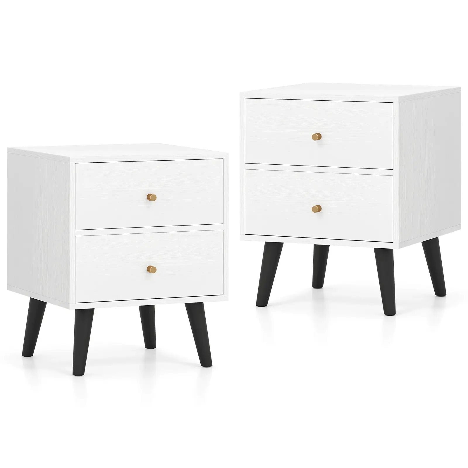 Nightstand Set of 2 Mid Century Modern Bedside Table with Golden Knobs and Raised Support Legs by DirectDeals