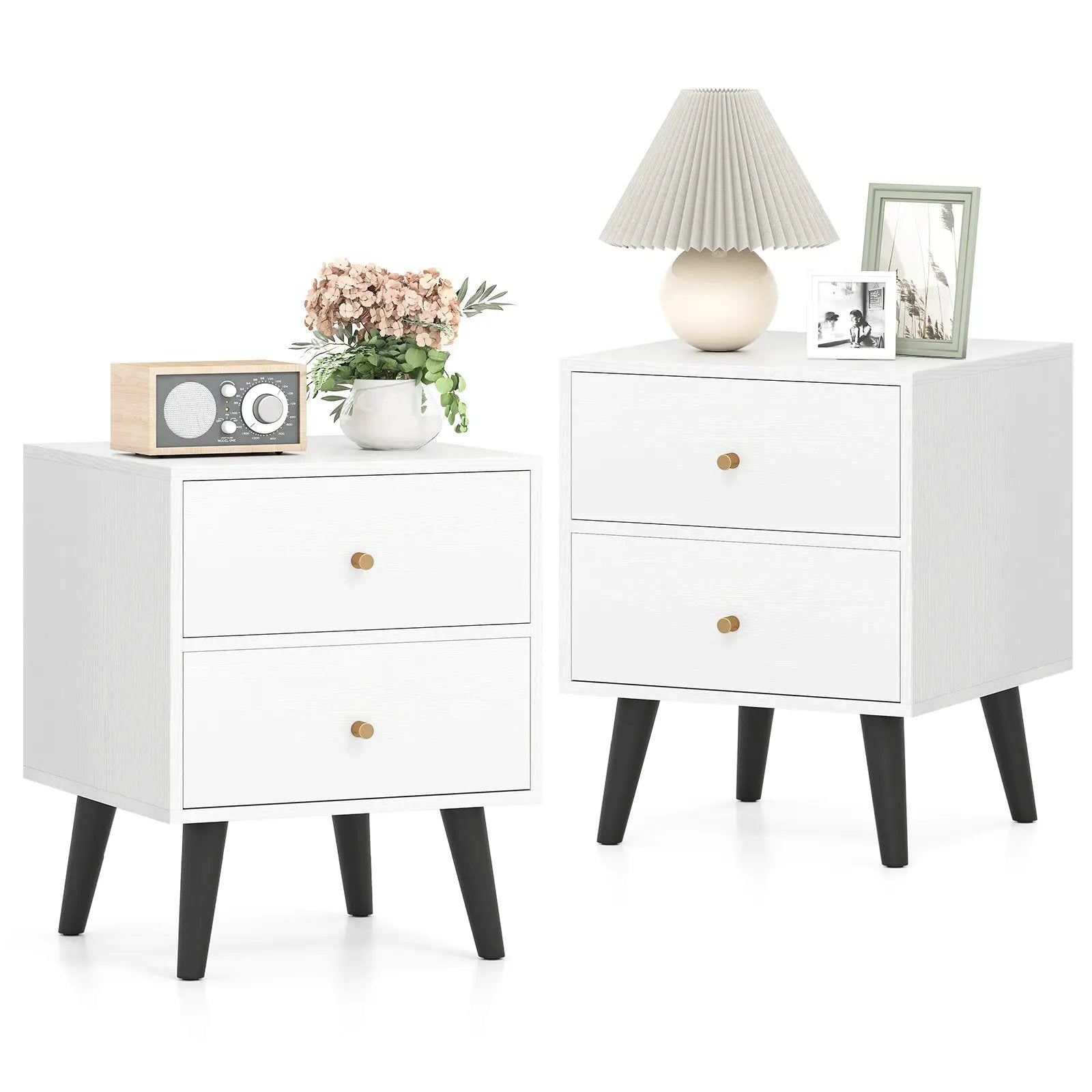Nightstand Set of 2 Mid Century Modern Bedside Table with Golden Knobs and Raised Support Legs by DirectDeals