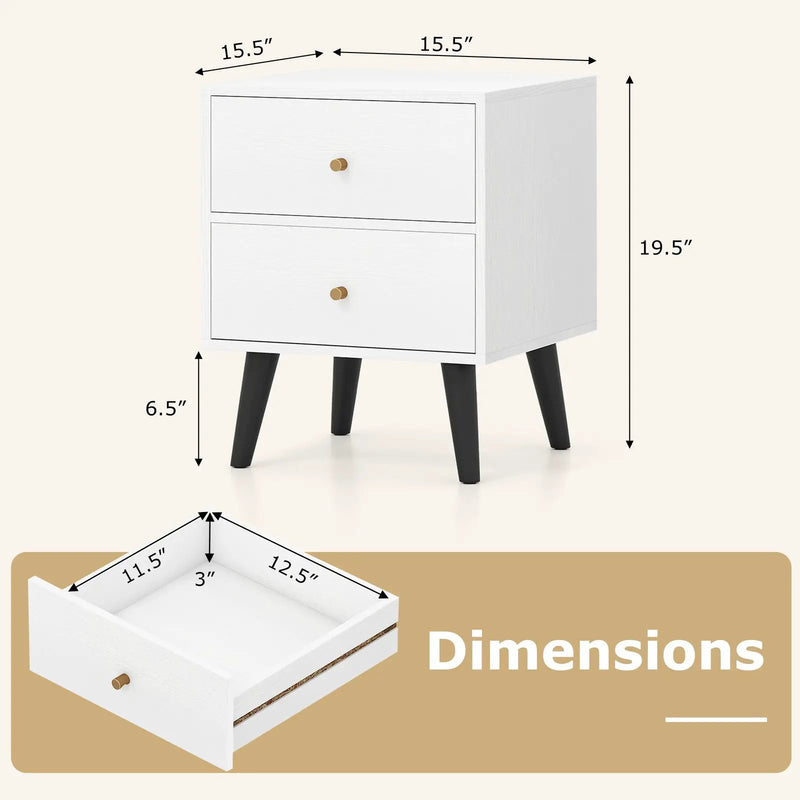 Nightstand Set of 2 Mid Century Modern Bedside Table with Golden Knobs and Raised Support Legs by DirectDeals