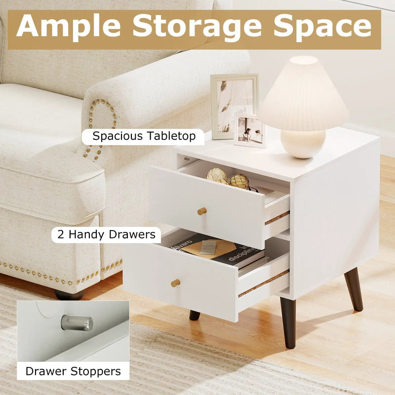 Nightstand Set of 2 Mid Century Modern Bedside Table with Golden Knobs and Raised Support Legs by DirectDeals