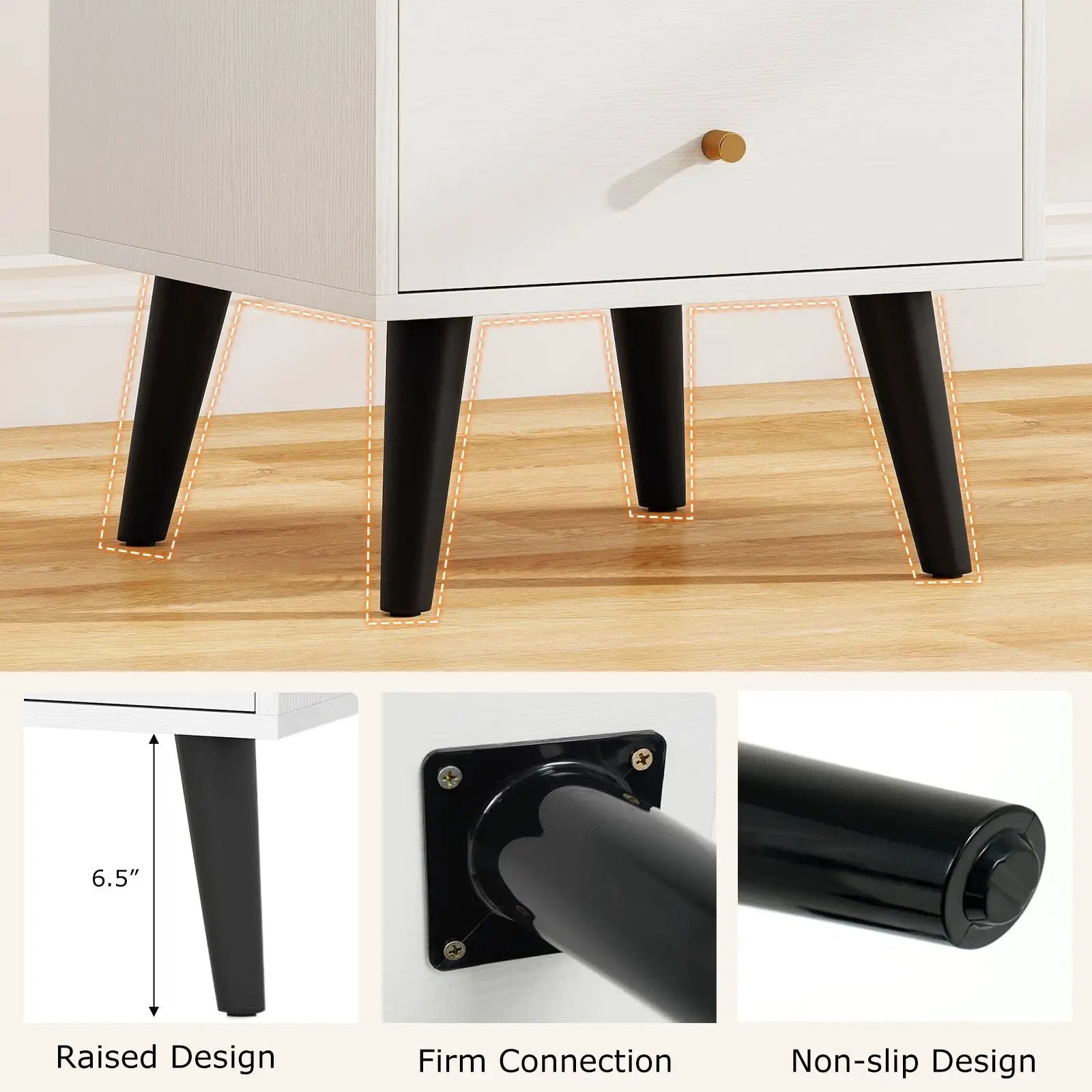 Nightstand Set of 2 Mid Century Modern Bedside Table with Golden Knobs and Raised Support Legs by DirectDeals