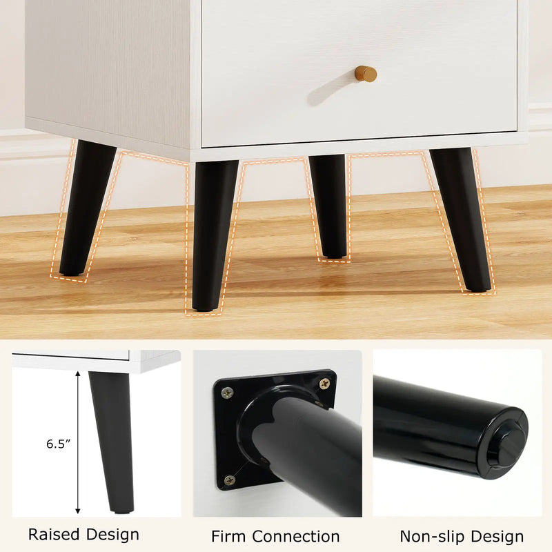 Nightstand Set of 2 Mid Century Modern Bedside Table with Golden Knobs and Raised Support Legs by DirectDeals