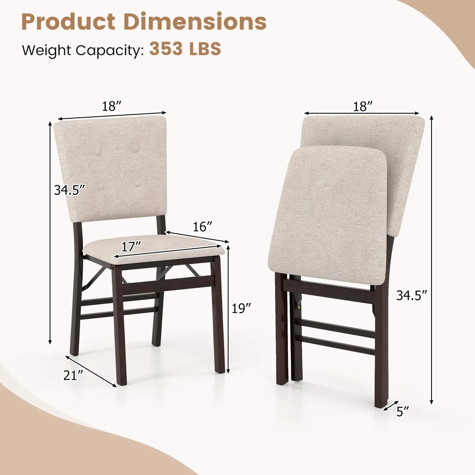 Foldable Dining Chair Set of 2 Armless Kitchen Chair with Padded Seat and Tilt Backrest by DirectDeals