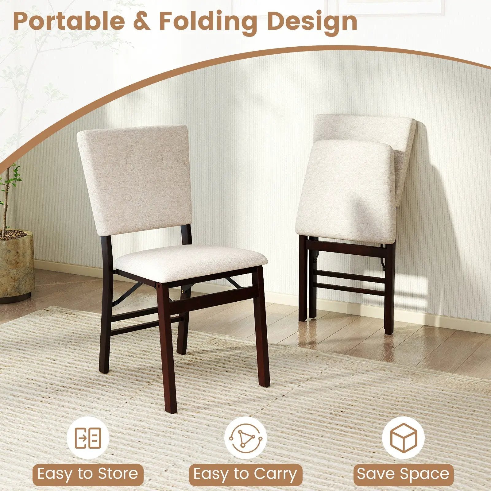 Foldable Dining Chair Set of 2 Armless Kitchen Chair with Padded Seat and Tilt Backrest by DirectDeals