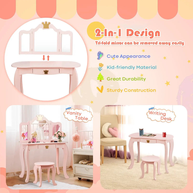 Kids Vanity Set + Kids Jewelry Armoire with Full-Length Mirror with Drawer by DirectDeals