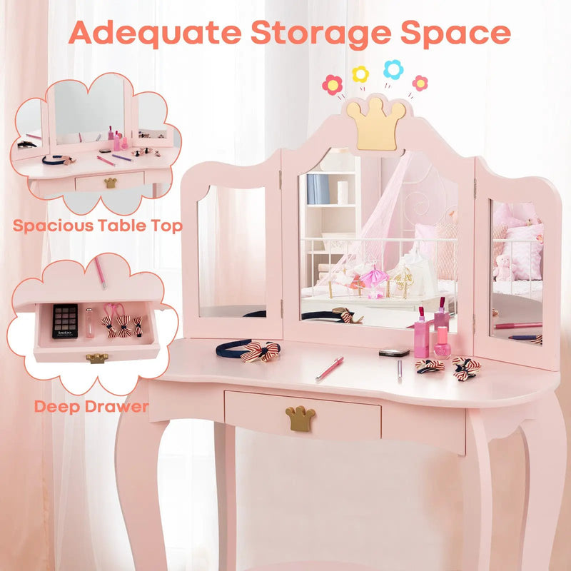 Kids Vanity Set + Kids Jewelry Armoire with Full-Length Mirror with Drawer by DirectDeals