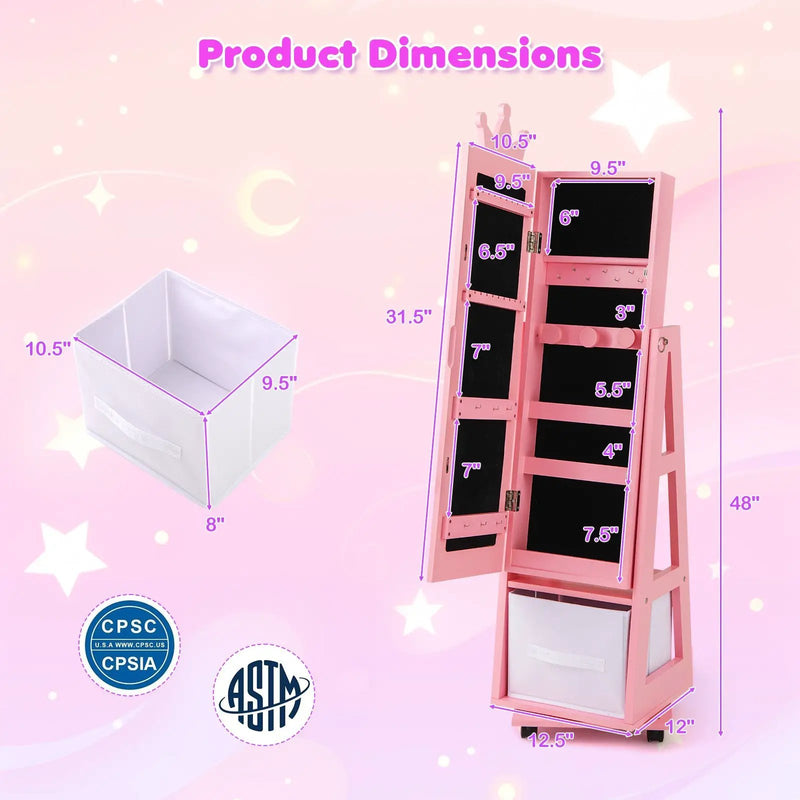 Kids Vanity Set + Kids Jewelry Armoire with Full-Length Mirror with Drawer by DirectDeals