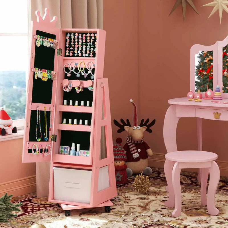Kids Vanity Set + Kids Jewelry Armoire with Full-Length Mirror with Drawer by DirectDeals