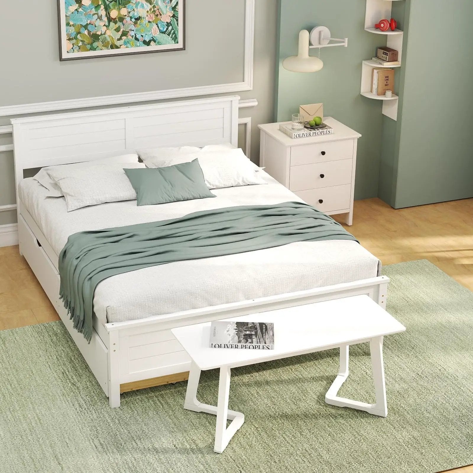 4-Piece Bedroom Furniture Set with Twin Size Bed Frame Entryway Bench Vanity Desk and Jewelry Armoire by DirectDeals