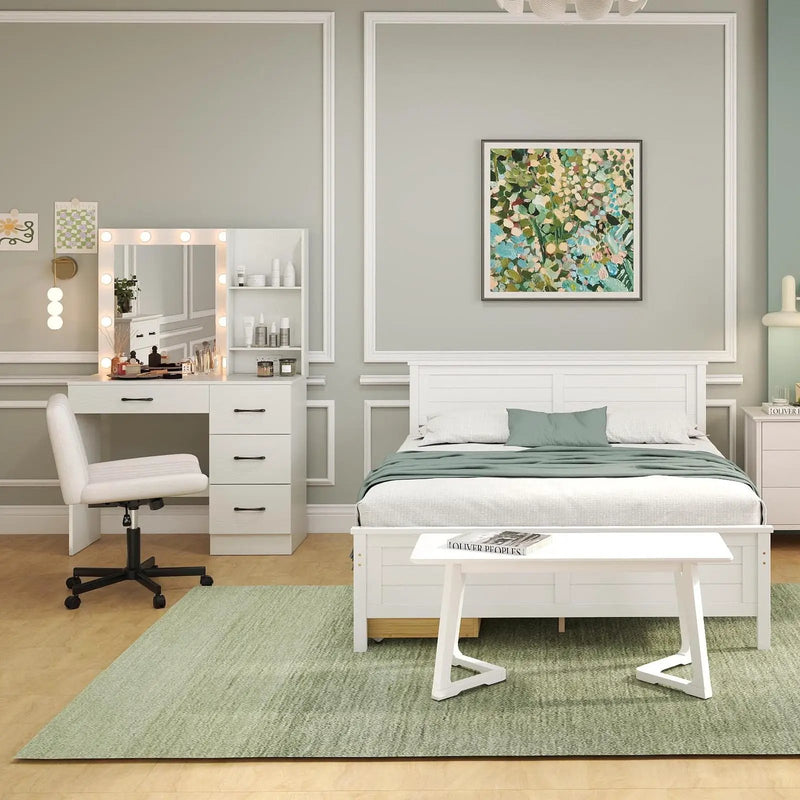 4-Piece Bedroom Furniture Set with Twin Size Bed Frame Entryway Bench Vanity Desk and Jewelry Armoire by DirectDeals