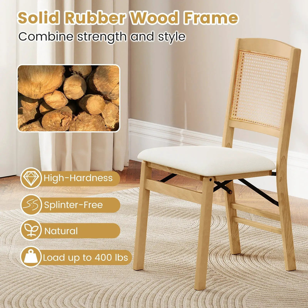 Folding Dining Chairs Set of 2 Rubber Wood Chairs with Linen Padded Seat by DirectDeals