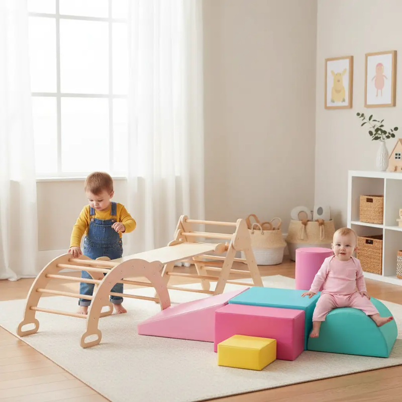 7-in-1 Pikler Triangle Set with 6-Piece Foam Blocks for Toddlers Indoor Playground by DirectDeals