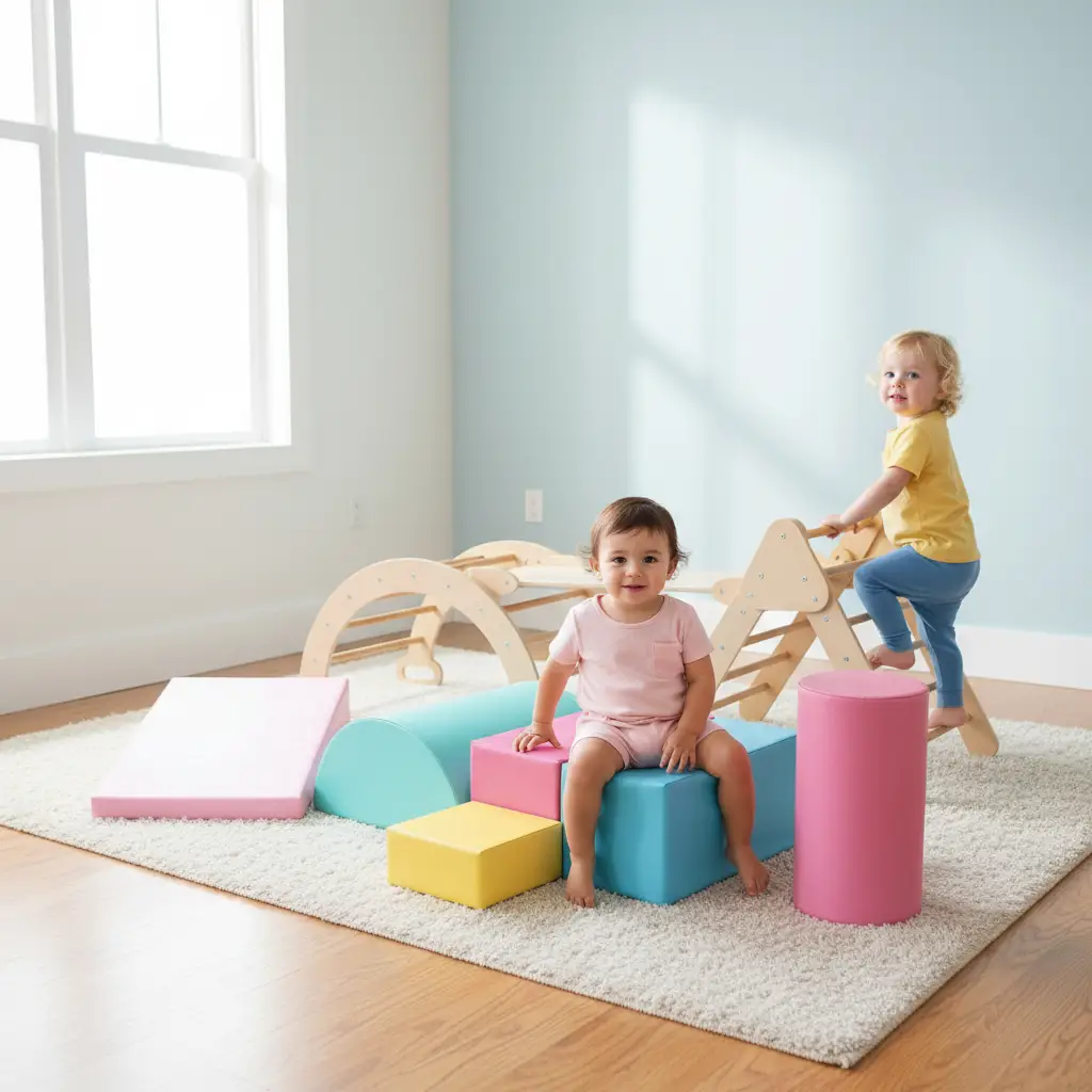 7-in-1 Pikler Triangle Set with 6-Piece Foam Blocks for Toddlers Indoor Playground by DirectDeals