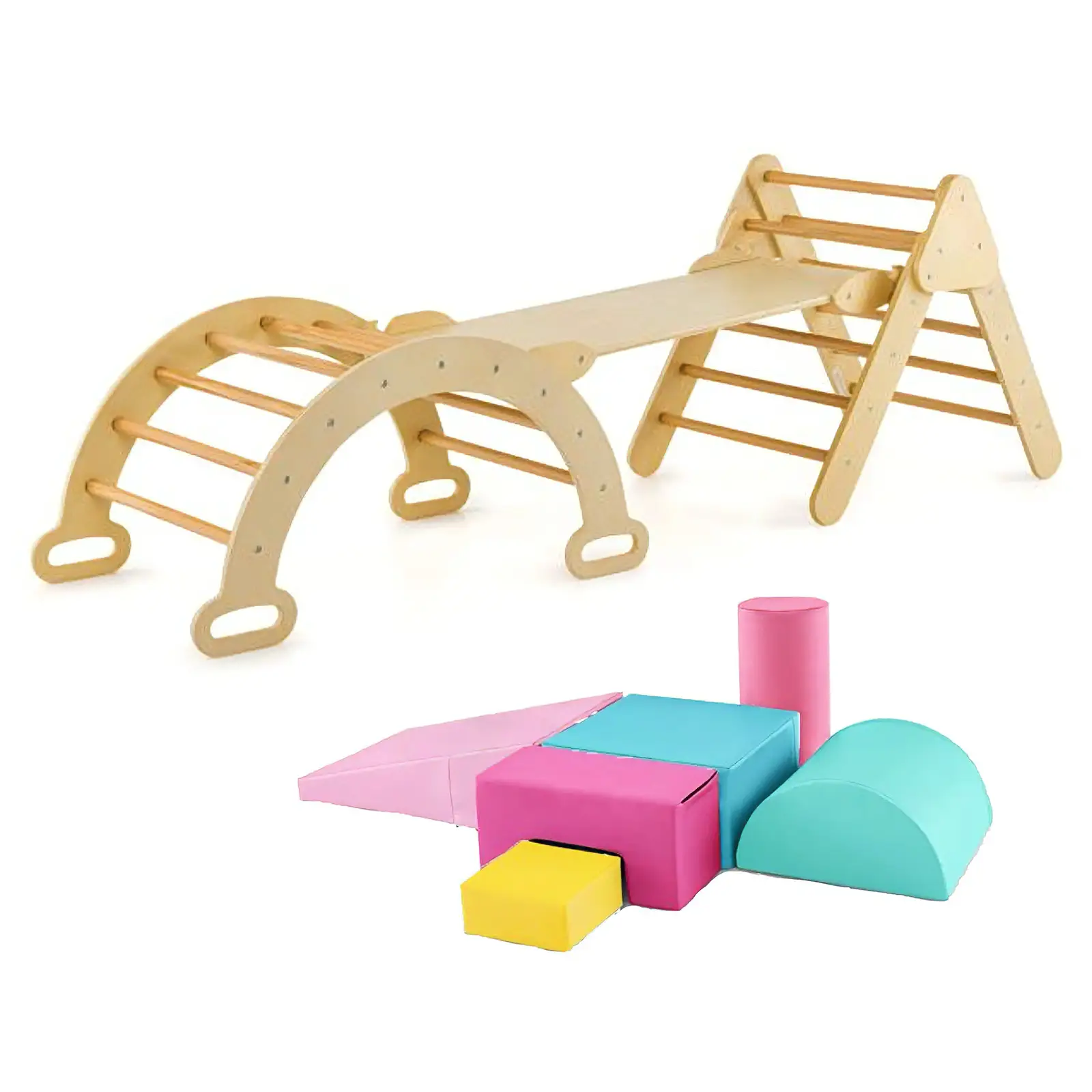 7-in-1 Pikler Triangle Set with 6-Piece Foam Blocks for Toddlers Indoor Playground by DirectDeals