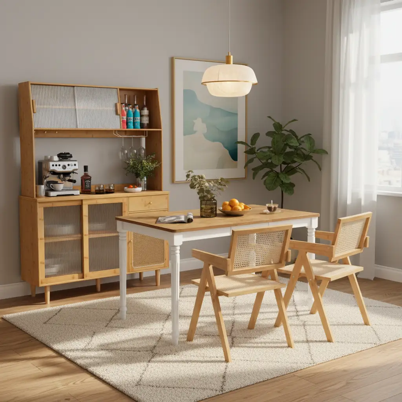Kitchen Dining Set with Extendable Table 2 Rattan Accent Chairs and Kitchen Cabinet by DirectDeals