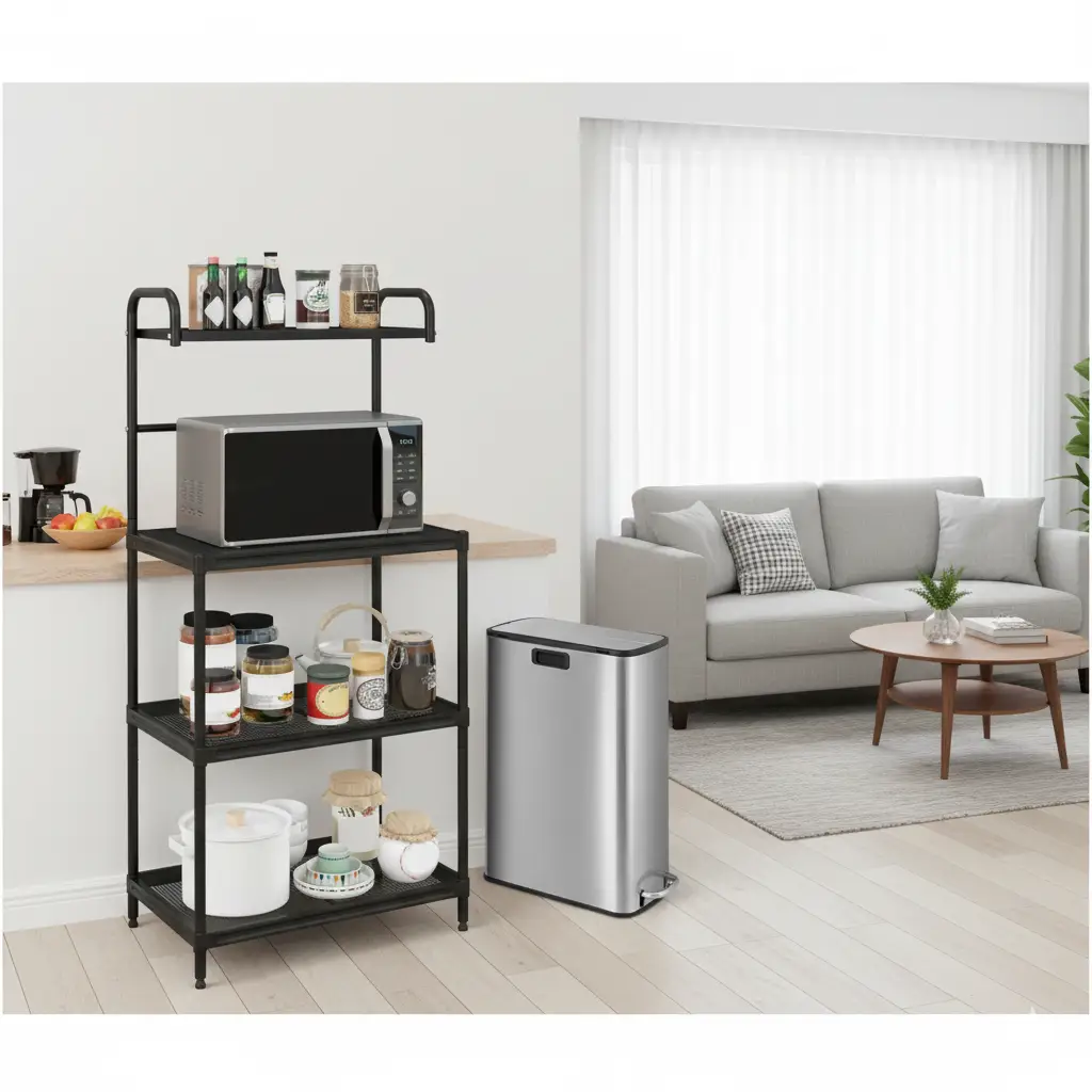 Kitchen Organization with 4-Tier Kitchen Microwave Storage Rack and Trash Can by DirectDeals