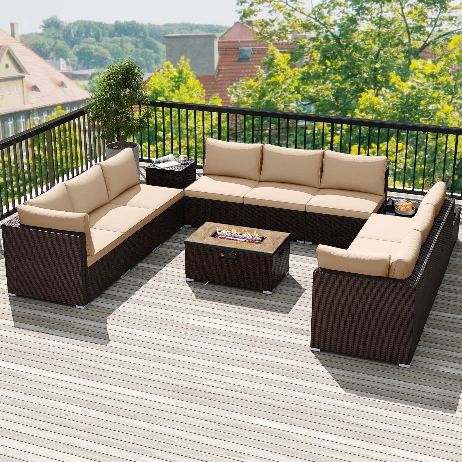 Outdoor PE Rattan Conversation Set with 32‚Äù Propane Fire Pit Table and Tank Holder by DirectDeals
