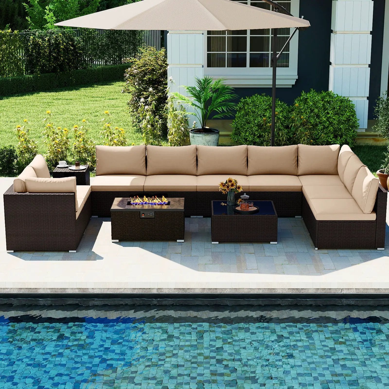 Outdoor PE Rattan Conversation Set with 32‚Äù Propane Fire Pit Table and Tank Holder by DirectDeals