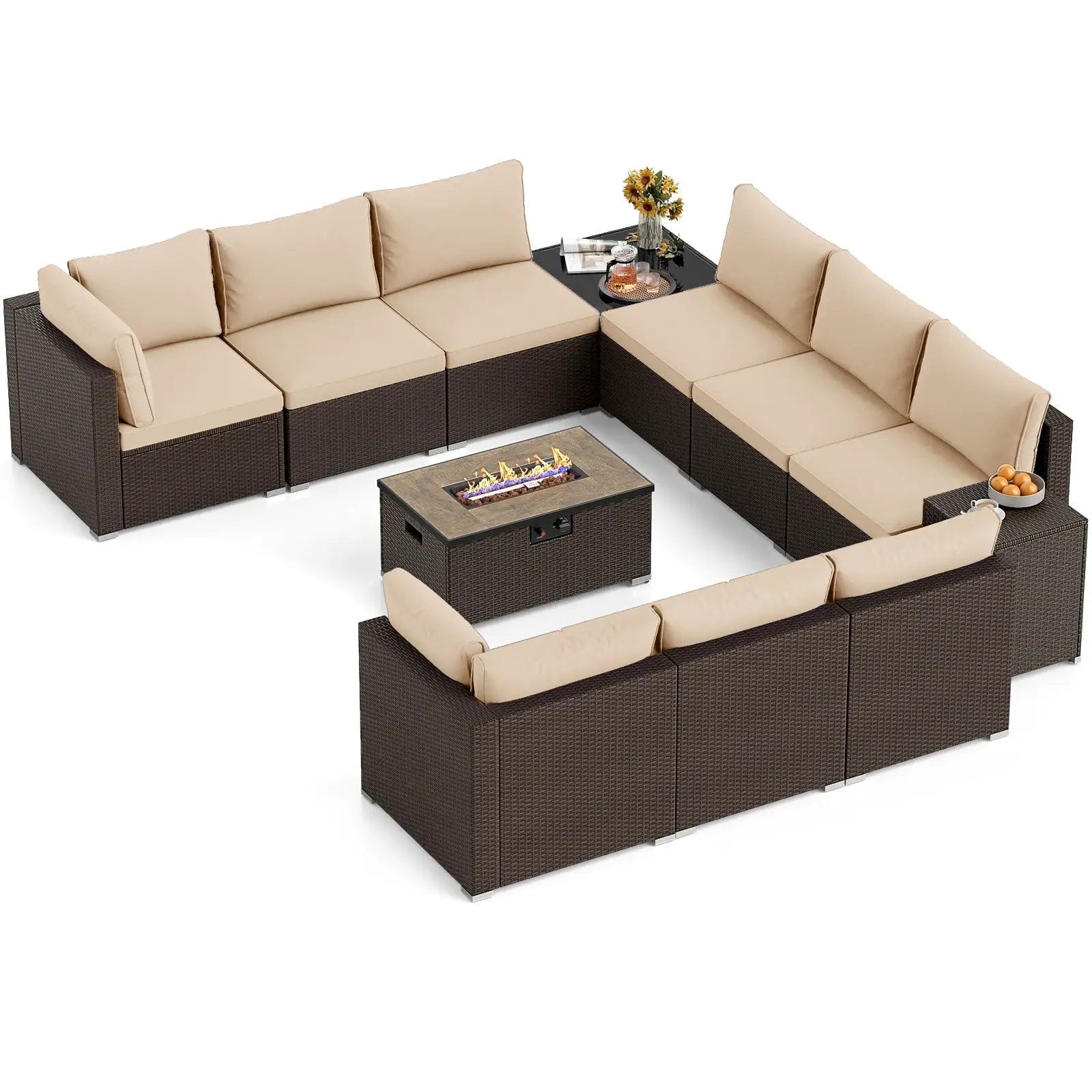 Outdoor PE Rattan Conversation Set with 32‚Äù Propane Fire Pit Table and Tank Holder by DirectDeals
