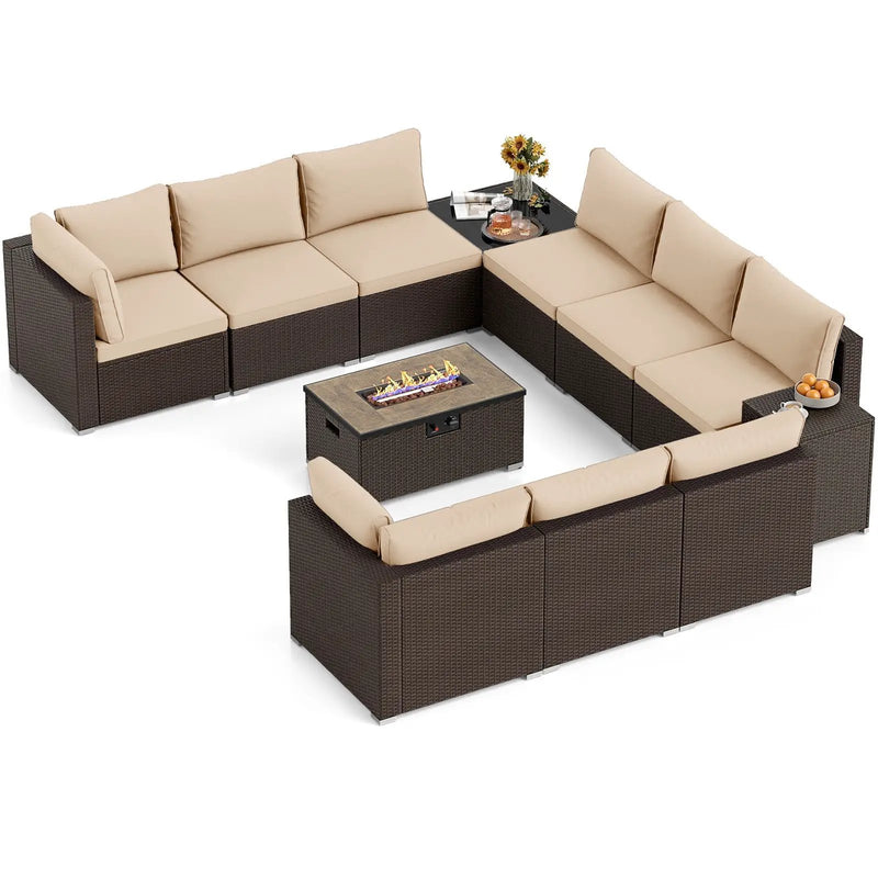 Outdoor PE Rattan Conversation Set with 32‚Äù Propane Fire Pit Table and Tank Holder by DirectDeals