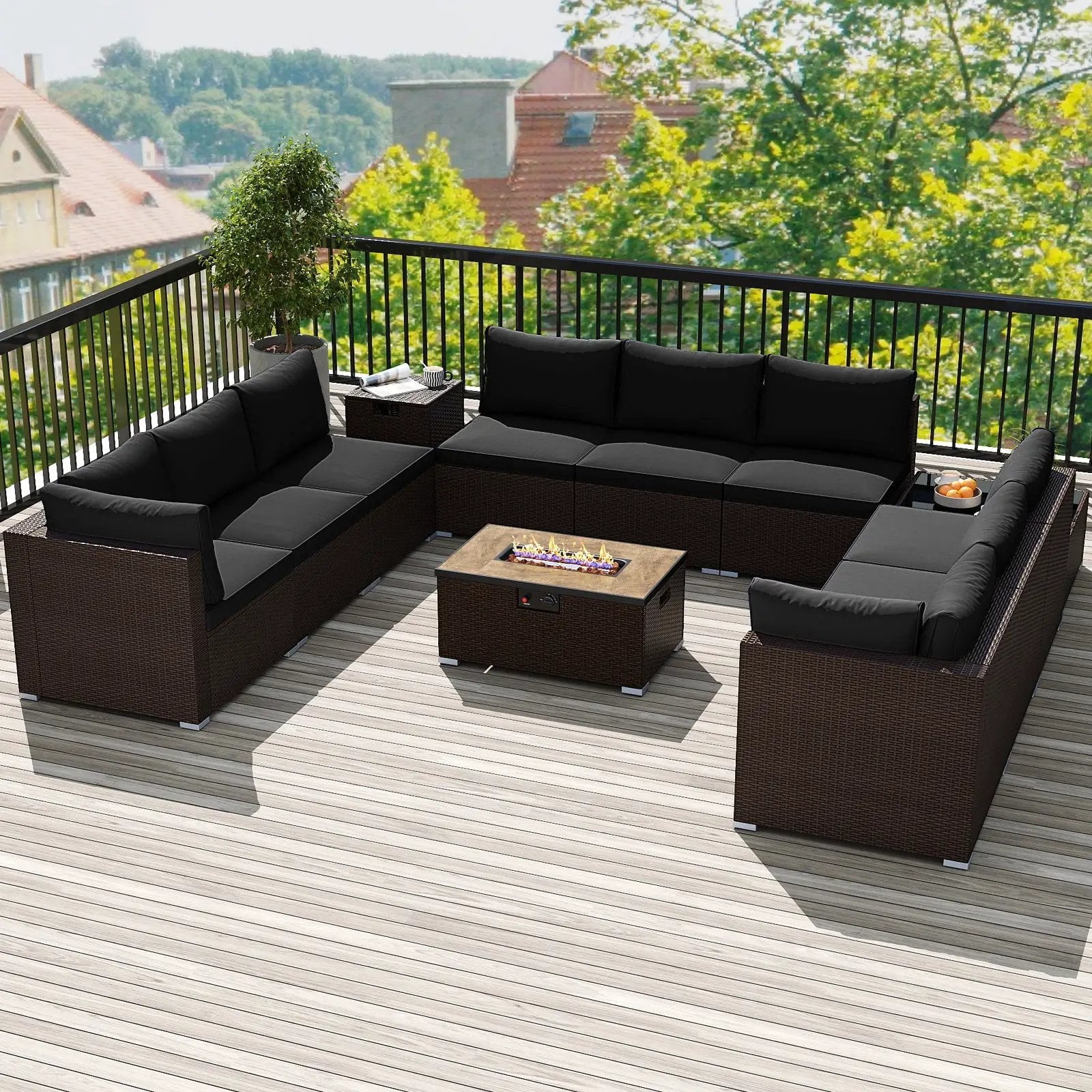 Outdoor PE Rattan Conversation Set with 32‚Äù Propane Fire Pit Table and Tank Holder by DirectDeals