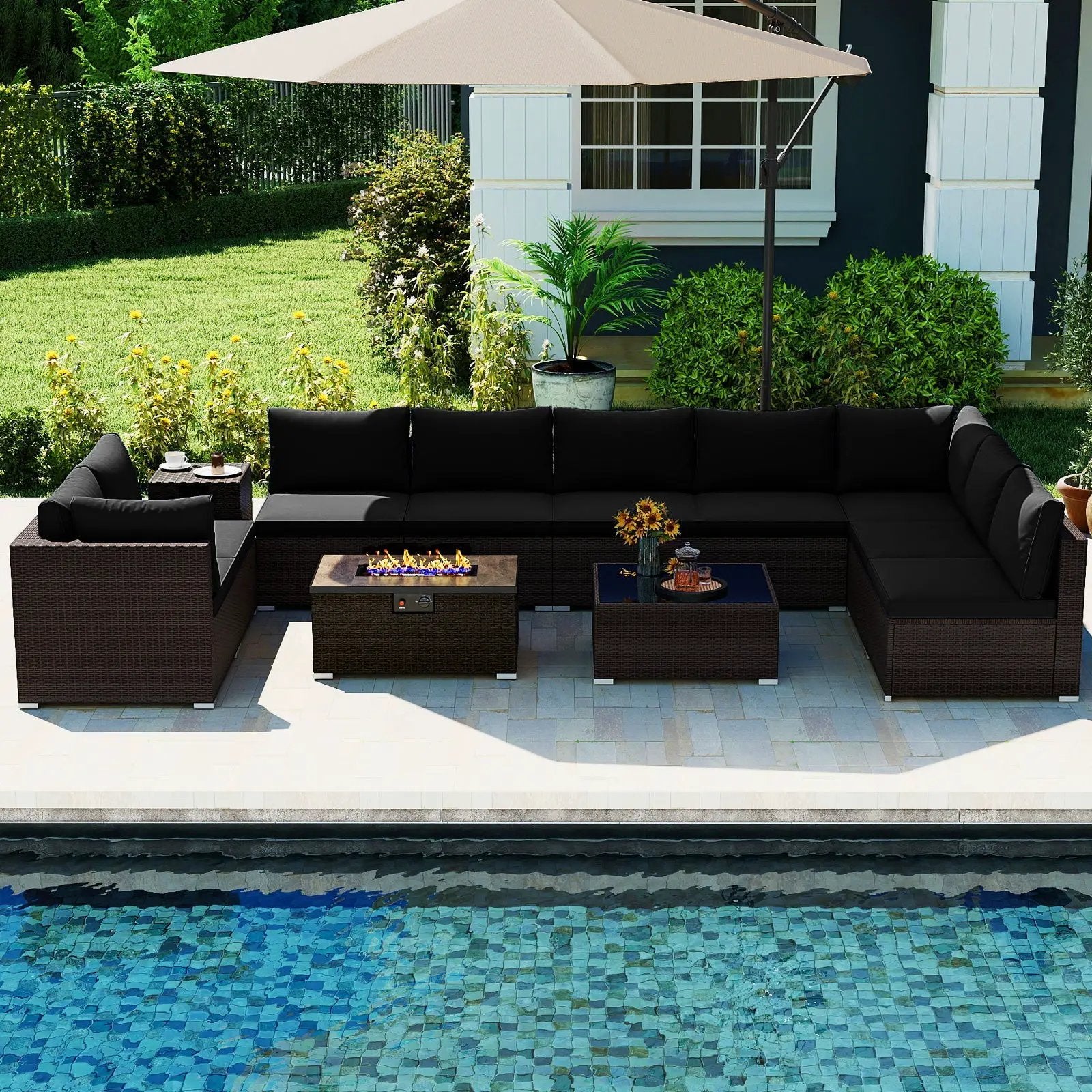 Outdoor PE Rattan Conversation Set with 32‚Äù Propane Fire Pit Table and Tank Holder by DirectDeals