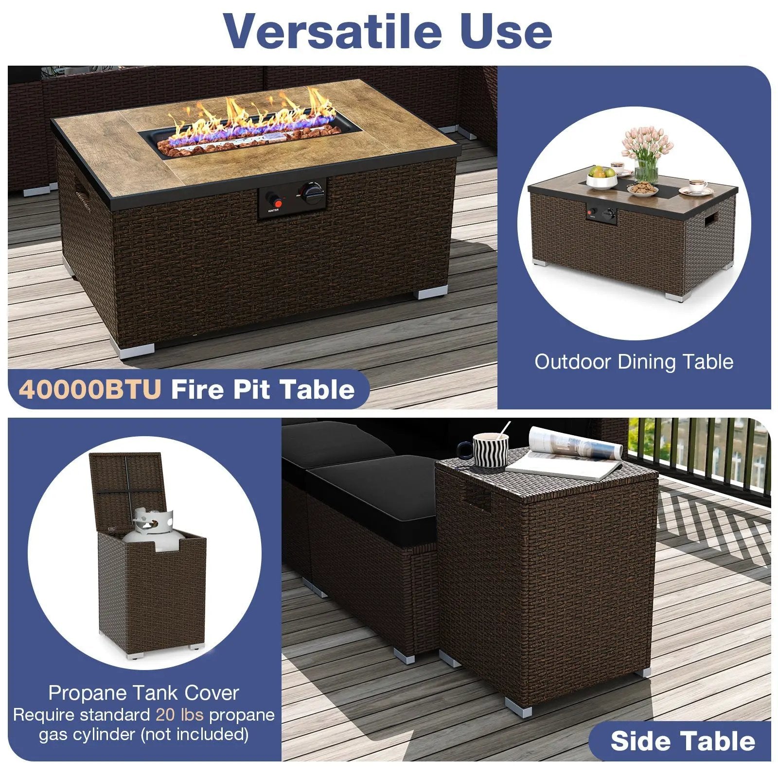 Outdoor PE Rattan Conversation Set with 32‚Äù Propane Fire Pit Table and Tank Holder by DirectDeals