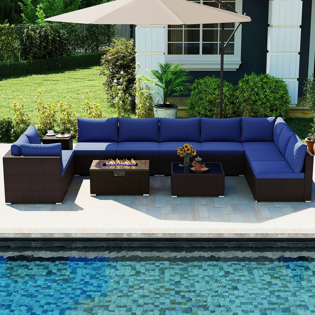 Outdoor PE Rattan Conversation Set with 32‚Äù Propane Fire Pit Table and Tank Holder by DirectDeals