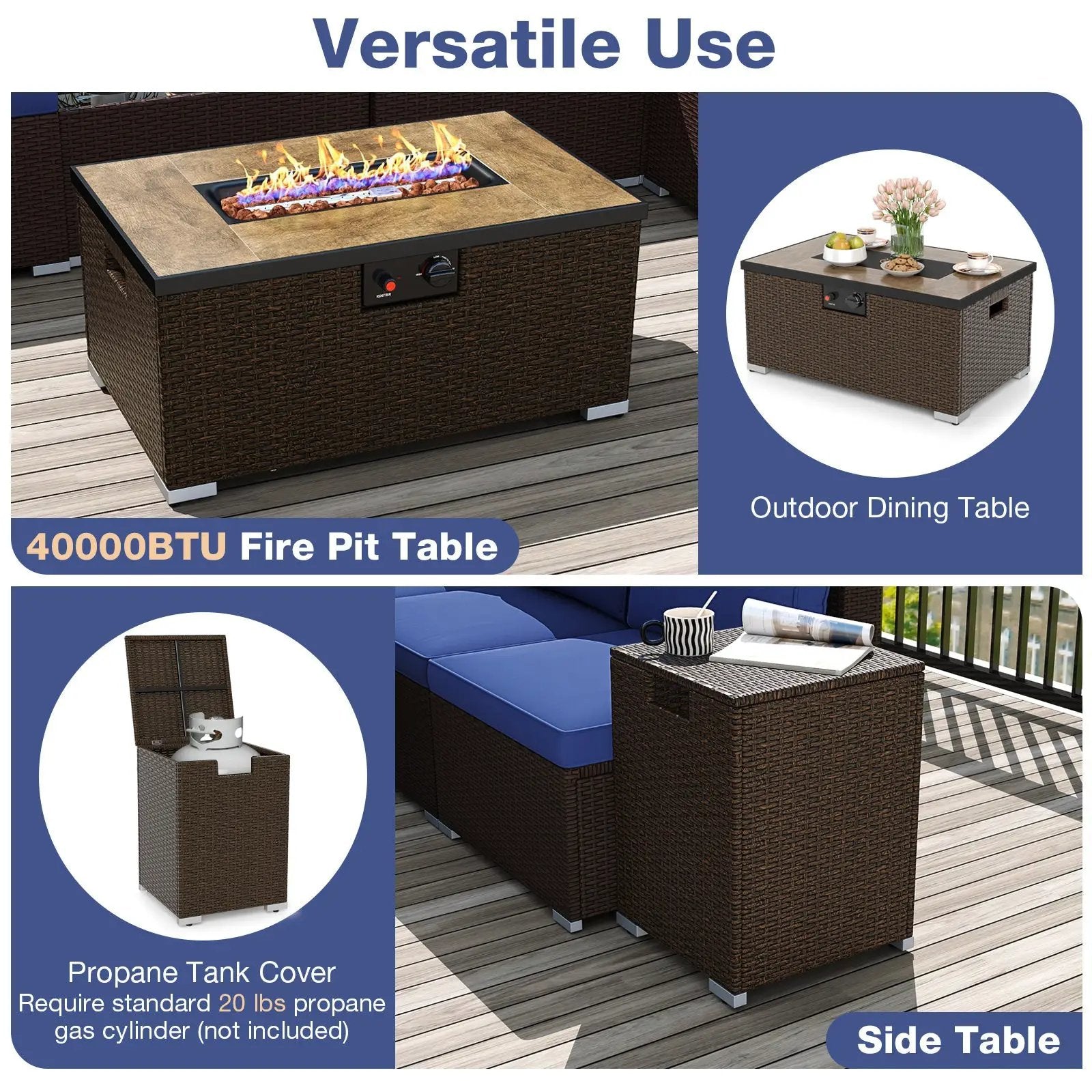 Outdoor PE Rattan Conversation Set with 32‚Äù Propane Fire Pit Table and Tank Holder by DirectDeals