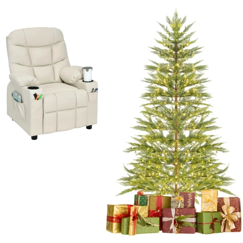 6.5FT Pre-Lit Christmas Tree & Beige Kids Recliner Chair Set Cozy Holiday Bundle by DirectDeals