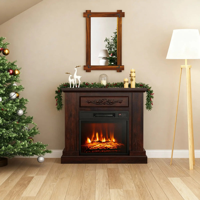 Acacia Wood Mirror & Electric Fireplace TV Stand Set - Rustic Vintage Home Heating Bundle by DirectDeals