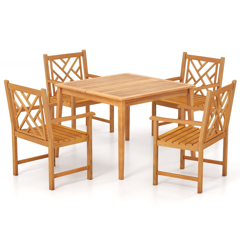 5-Pieces Patio Dining Table Set Wood Square Dining Table with 4 Chairs and Slatted Tabletop by DirectDeals
