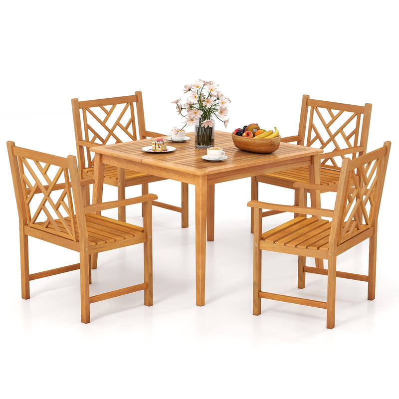 5-Pieces Patio Dining Table Set Wood Square Dining Table with 4 Chairs and Slatted Tabletop by DirectDeals