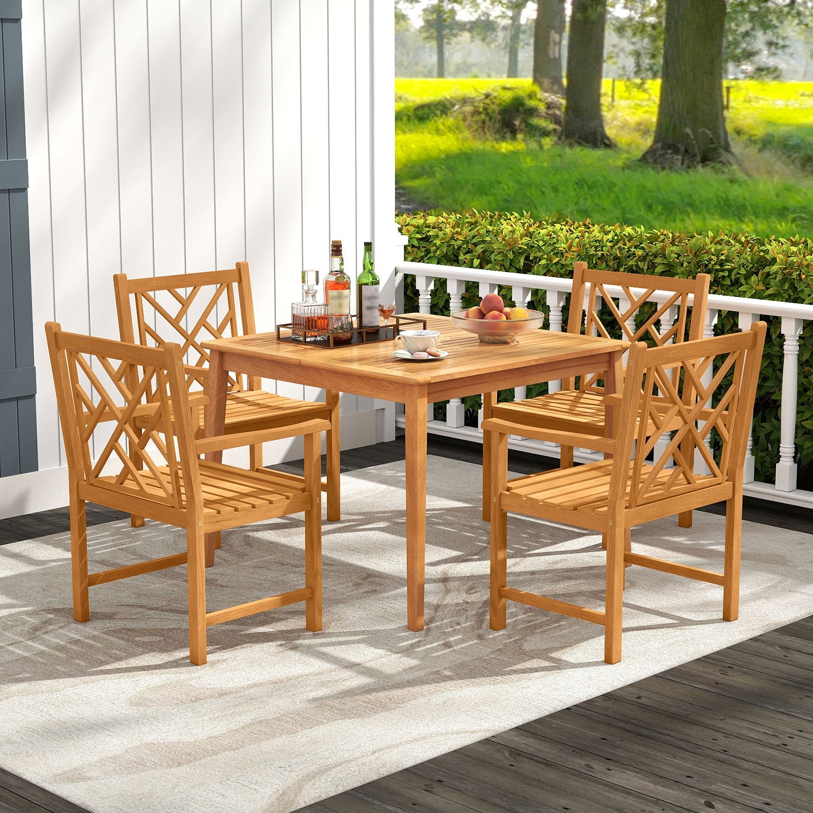 5-Pieces Patio Dining Table Set Wood Square Dining Table with 4 Chairs and Slatted Tabletop by DirectDeals