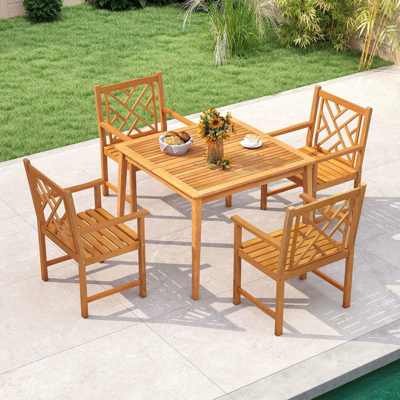 5-Pieces Patio Dining Table Set Wood Square Dining Table with 4 Chairs and Slatted Tabletop by DirectDeals