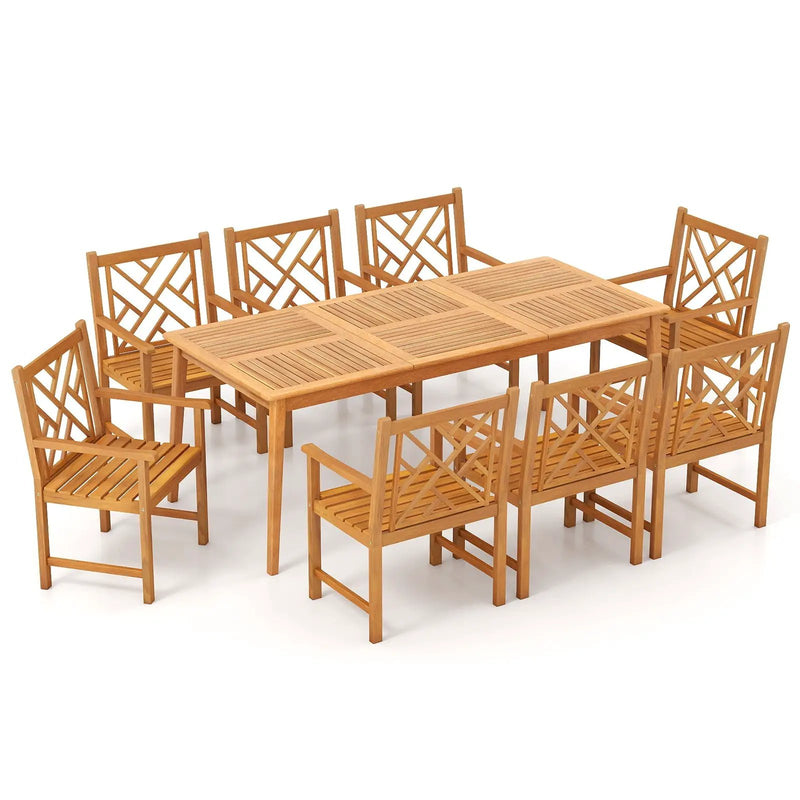 9-Pieces Patio Dining Table Set Wood Rectangular Dining Table with 8 Chairs and Slatted Tabletop by DirectDeals