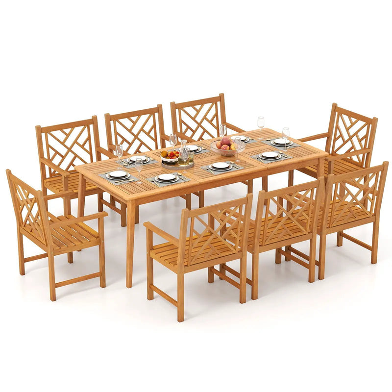9-Pieces Patio Dining Table Set Wood Rectangular Dining Table with 8 Chairs and Slatted Tabletop by DirectDeals