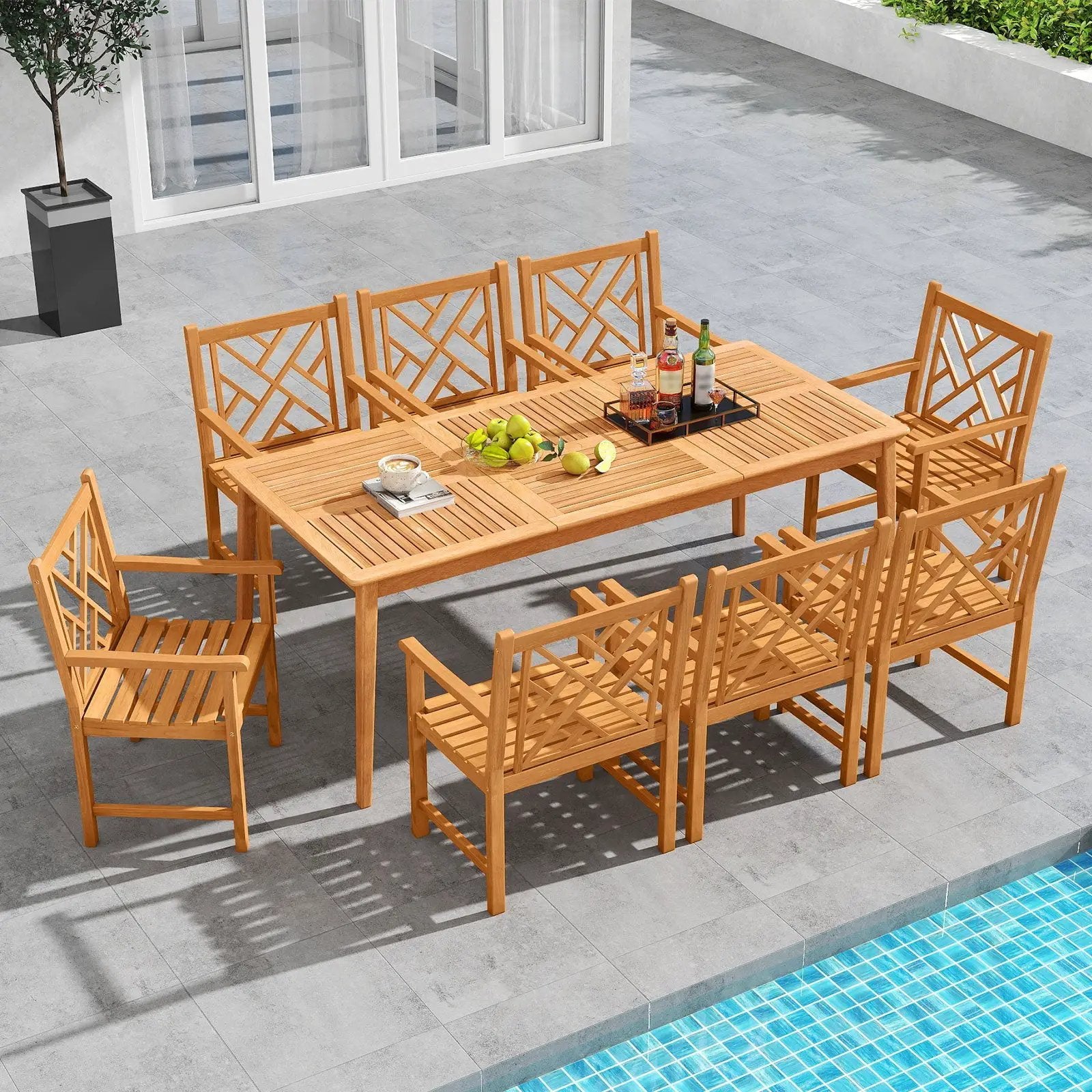 9-Pieces Patio Dining Table Set Wood Rectangular Dining Table with 8 Chairs and Slatted Tabletop by DirectDeals