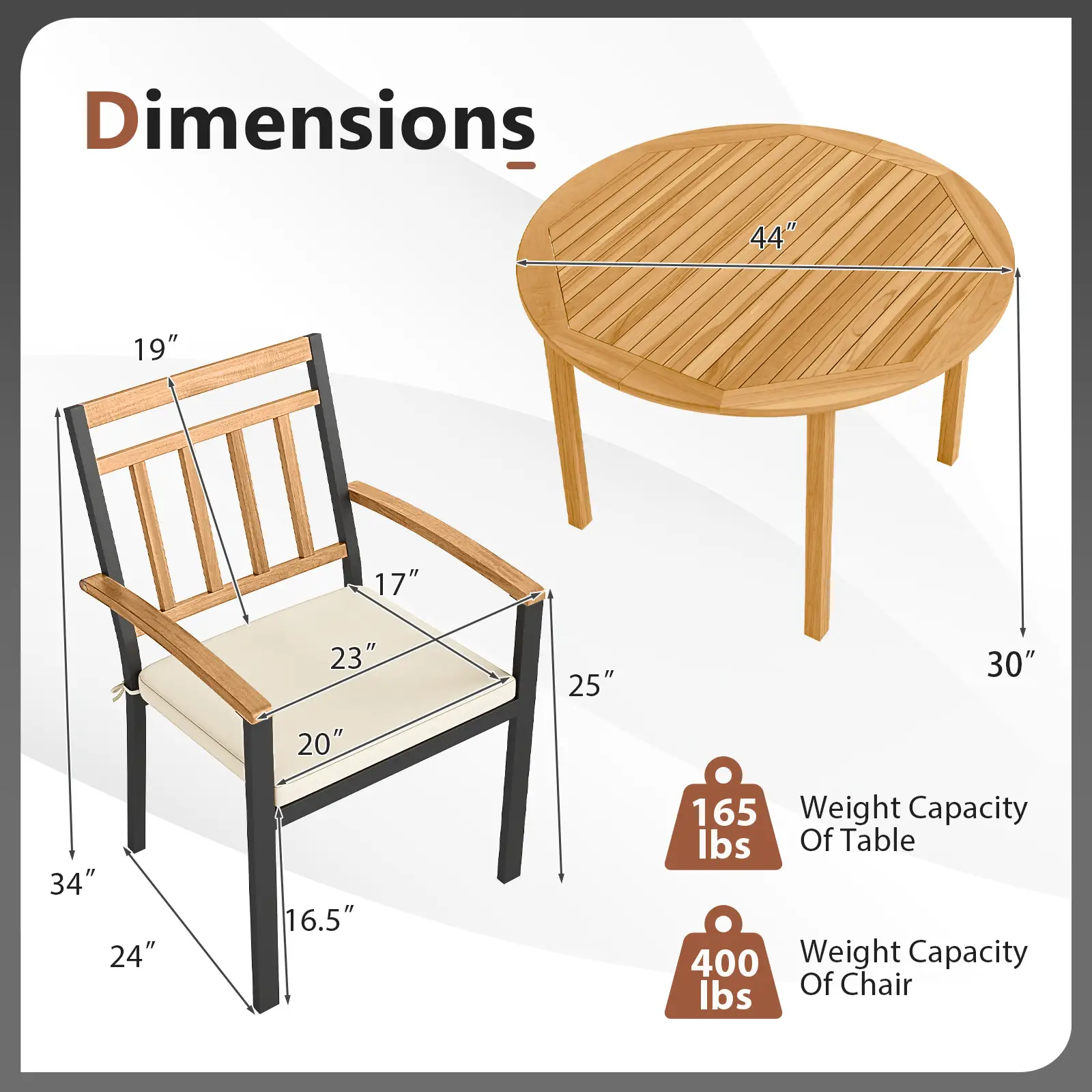 5 Pieces Outdoor Acacia Wood Dining Set Patio Round Table and Metal Chairs with Cushions by DirectDeals