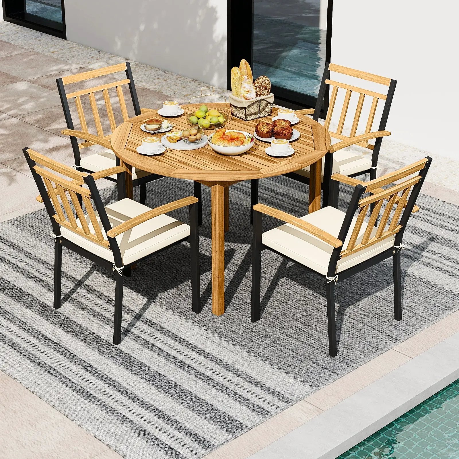 5 Pieces Outdoor Acacia Wood Dining Set Patio Round Table and Metal Chairs with Cushions by DirectDeals