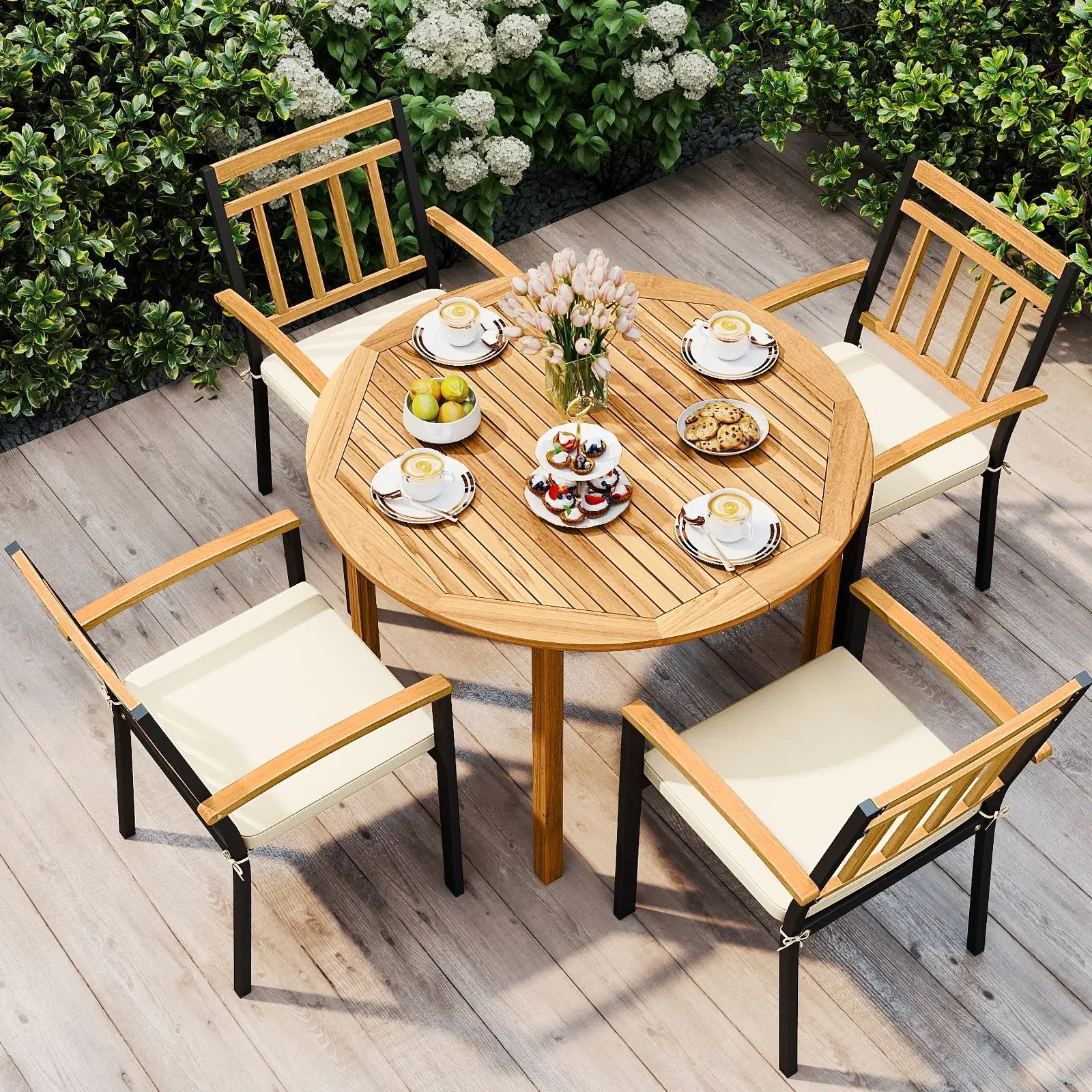 5 Pieces Outdoor Acacia Wood Dining Set Patio Round Table and Metal Chairs with Cushions by DirectDeals