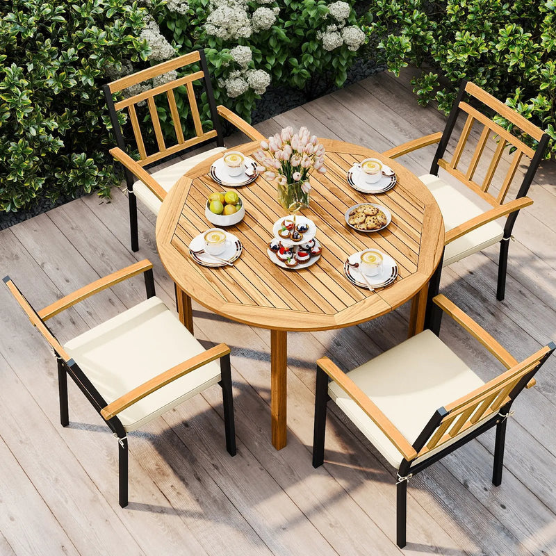 5 Pieces Outdoor Acacia Wood Dining Set Patio Round Table and Metal Chairs with Cushions by DirectDeals