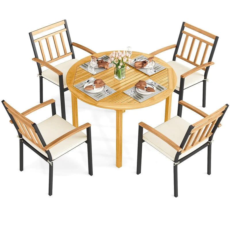 5 Pieces Outdoor Acacia Wood Dining Set Patio Round Table and Metal Chairs with Cushions by DirectDeals
