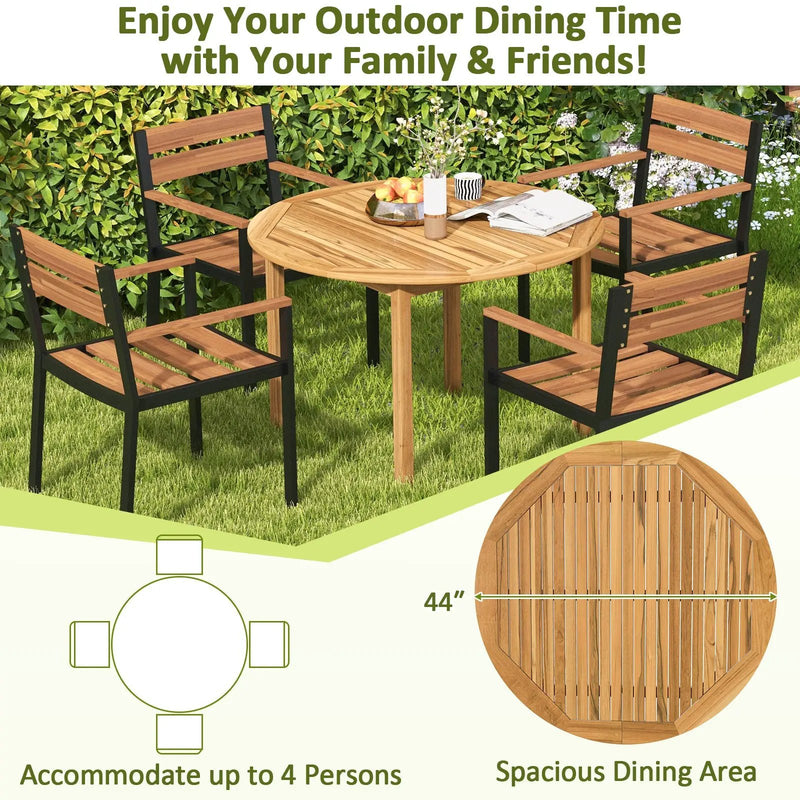 5 Pieces Outdoor Acacia Wood Dining Set Patio Round Table and Metal Chairs with Cushions by DirectDeals
