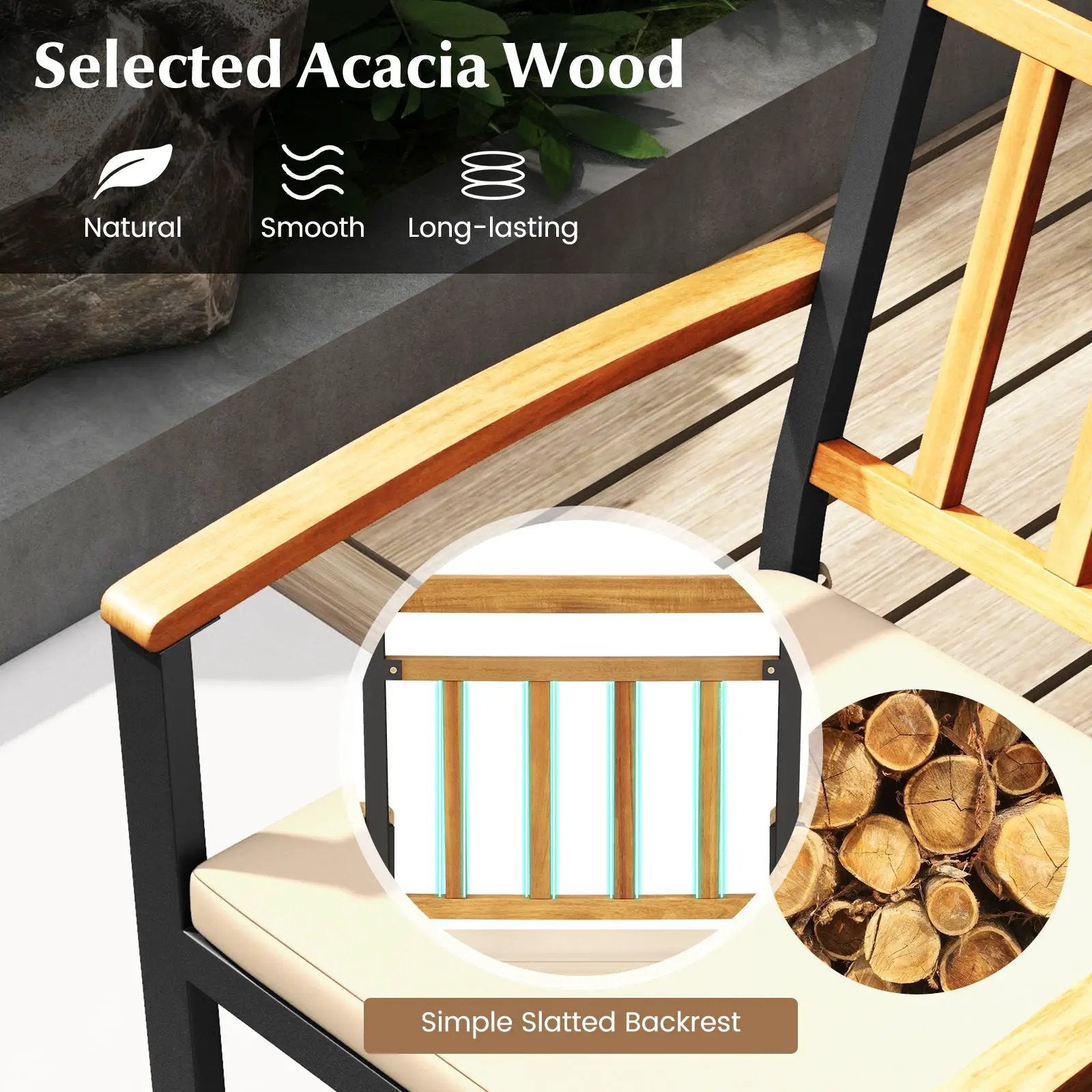 5 Pieces Outdoor Acacia Wood Dining Set Patio Round Table and Metal Chairs with Cushions by DirectDeals