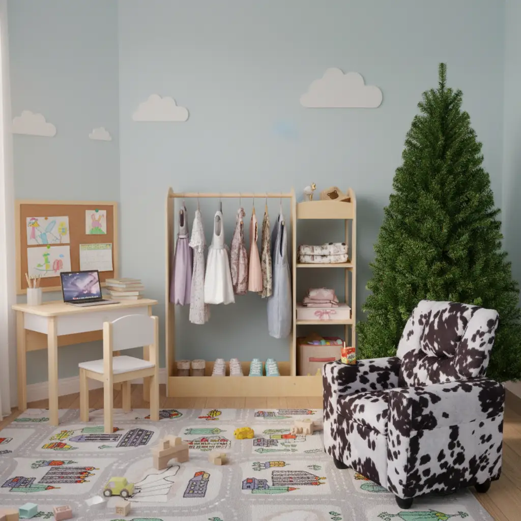 Kids Room Set: Recliner + Natural Study Desk & Chair + 4-ft Christmas Tree + Natural Dress-Up Storage by DirectDeals
