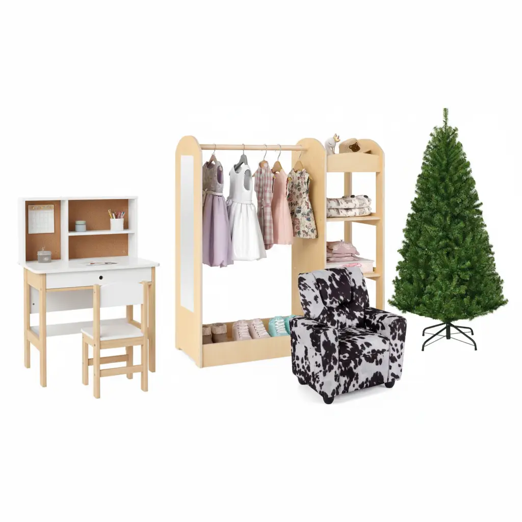 Kids Room Set: Recliner + Natural Study Desk & Chair + 4-ft Christmas Tree + Natural Dress-Up Storage by DirectDeals