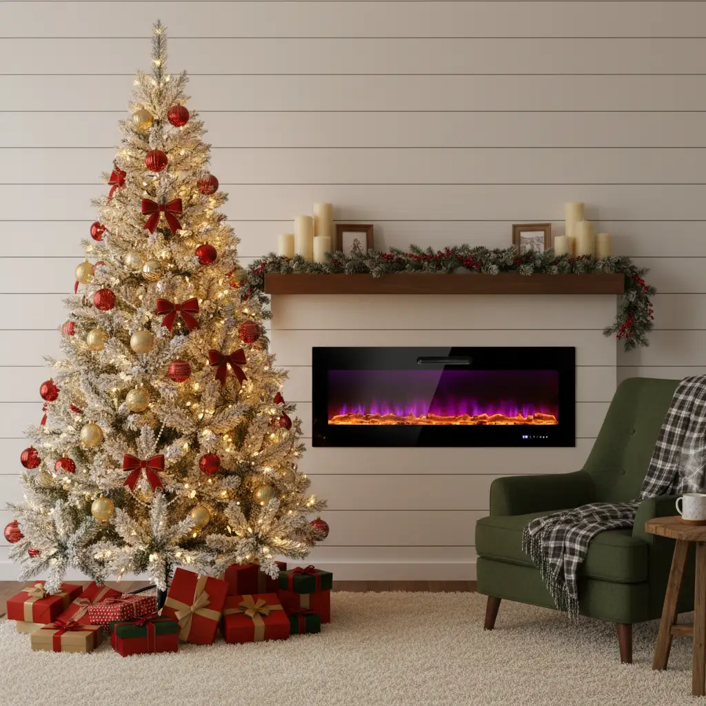 Ultimate Holiday D√©cor Suite: Pre-Lit Snow Flocked Christmas Tree & 50" Recessed Electric Fireplace Set by DirectDeals
