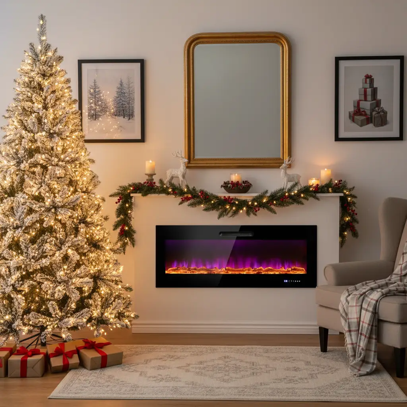 Ultimate Holiday D√©cor Suite: Pre-Lit Snow Flocked Christmas Tree & 50" Recessed Electric Fireplace Set by DirectDeals