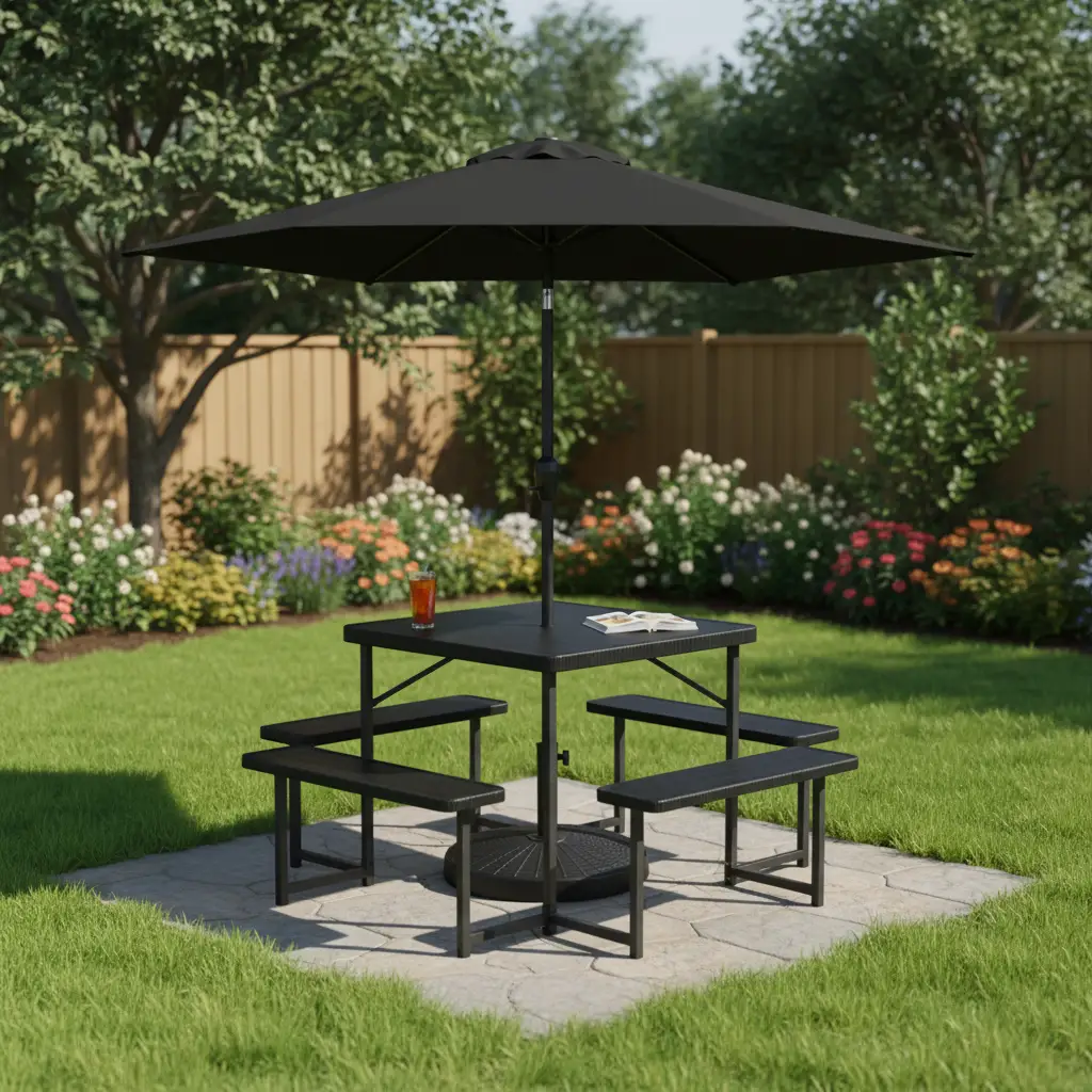 Outdoor Picnic Table Bench Set with Umbrella and Base for 4-8 People by DirectDeals